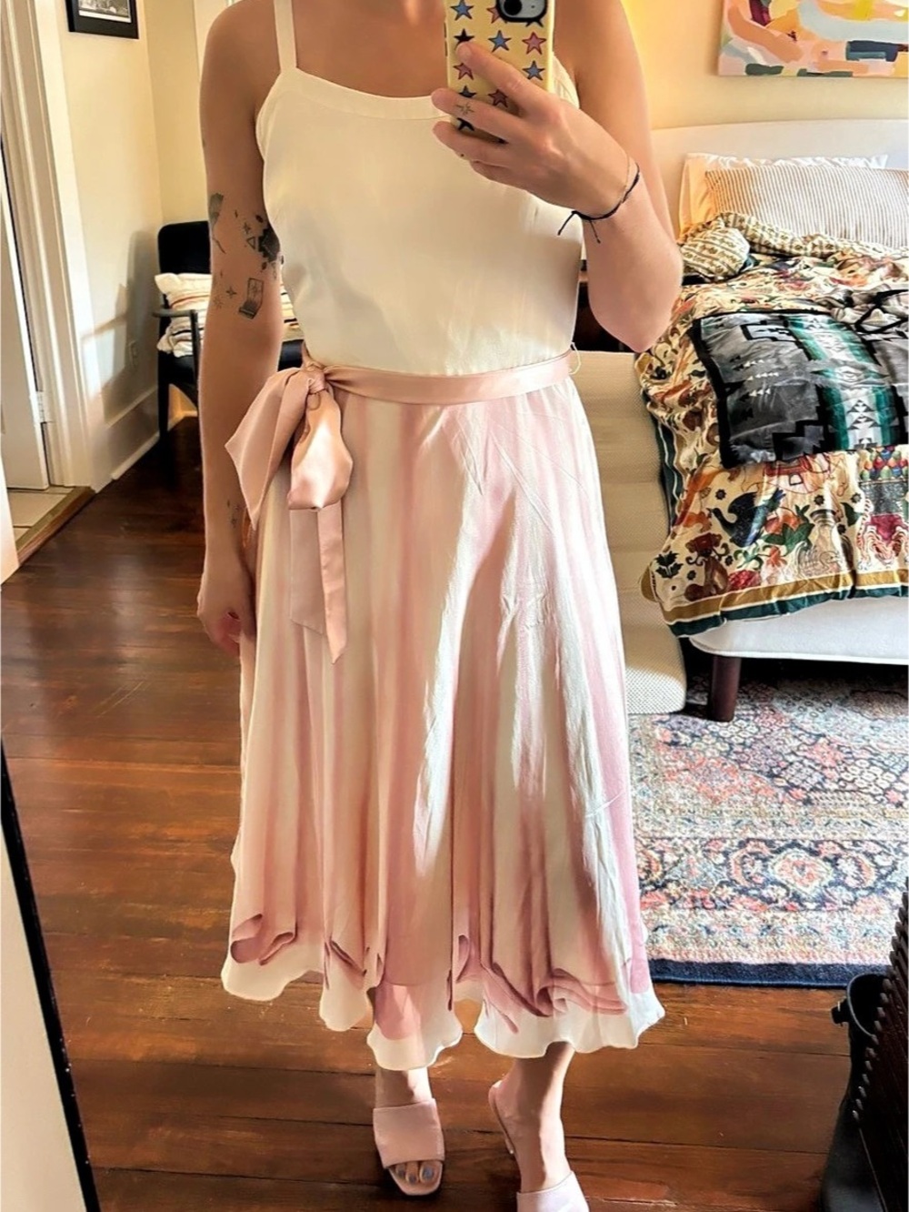 VINTAGE Pink & White Midi 100% SILK Dress